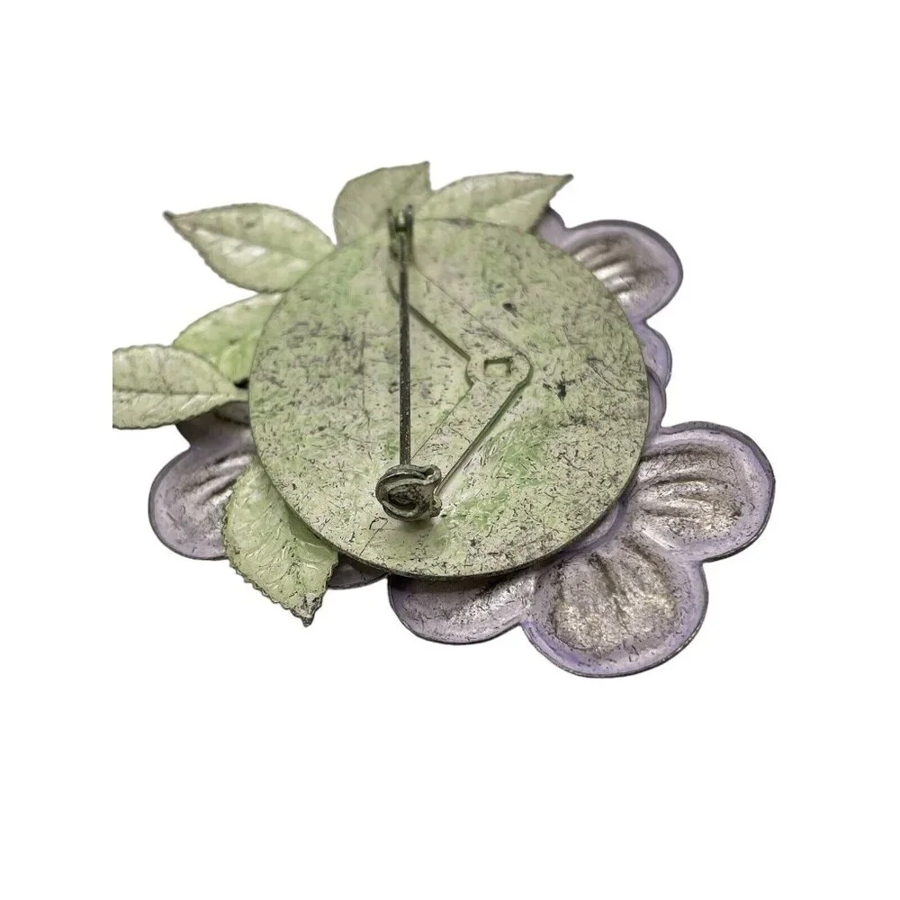 Vintage Metallic Purple Green Dogwood Floral Flowers Brooch Pin Silver Tone‎